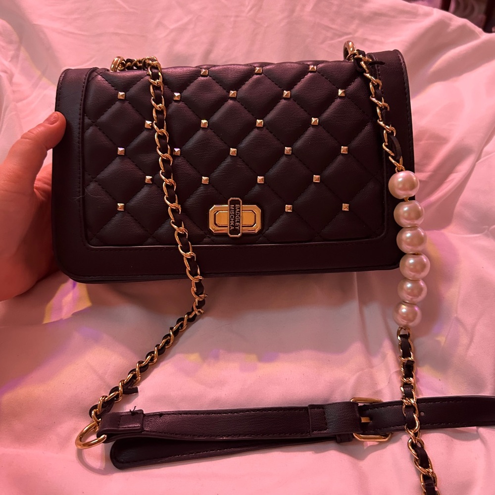 Badgley Mischka Black Quilted Pearl Crossbody Bag